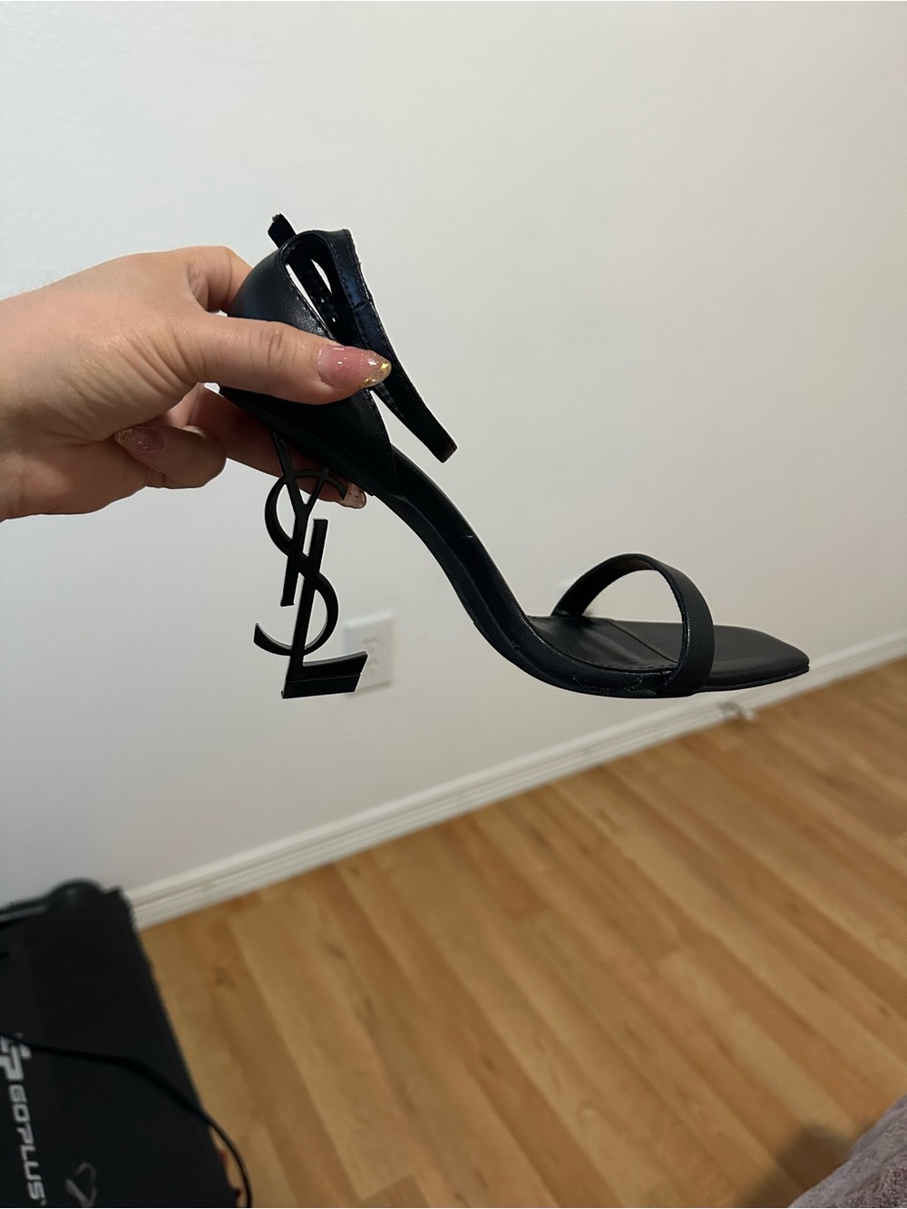 Saint Laurent Black Patent Logo Heel Sandal - Glossy YSL Accent